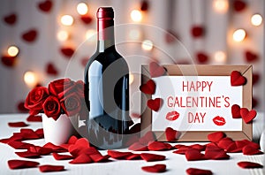 Happy Galentine`s day greeting banner. A bottle of wine, roses in vase, red hearts and frame photo