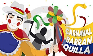 Happy Garabato Character with Death Silhouette Celebrating in Barranquilla`s Carnival, Vector Illustration