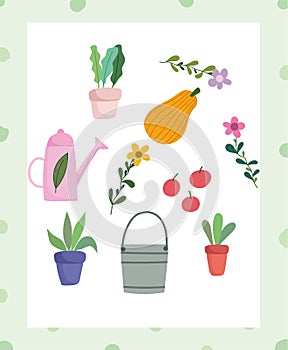 Happy garden, watering can bucket pot plant flower fruits icons