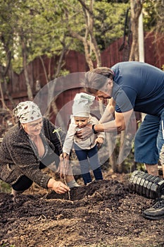 Happy gardener grandparents grandchild together planting tree grandparenting save trees environmental conservation concept