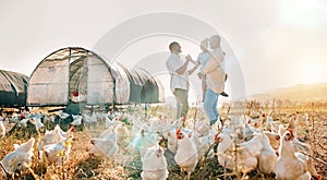 Happy, gay couple and chicken with black family on farm for agriculture, environment and bonding. Relax, lgbtq and love