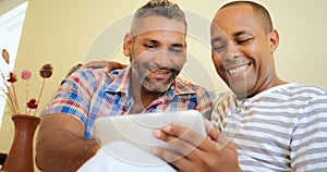 Happy Gay Couple Homosexual People Men Using Computer