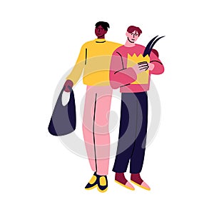 A happy gay couple of men in casual clothes hugging with purchases. Vector illustration in cartoon style.