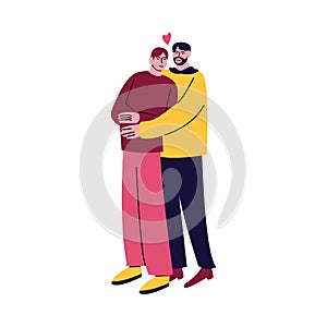 A happy gay couple of men standing in casual clothes and hugging. Vector illustration in cartoon style.