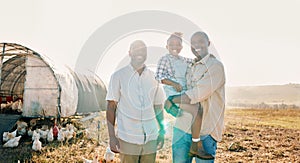 Happy, gay couple and portrait of black family on chicken farm for agriculture, environment and bonding. Relax, lgbtq