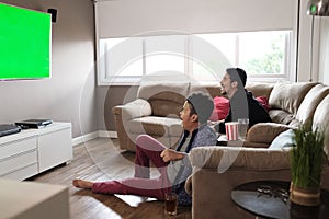 Happy Gay Couple Watching Sports Game On TV At Home