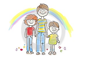 Happy gay family children's style drawing on white background - Little boy with her two mothers