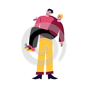 A happy gay man in yellow pants holds on hands his boyfriend. Vector illustration in cartoon style.