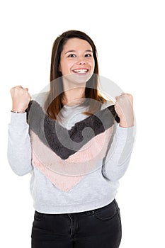 Happy gesturing smiling young woman isolated on white background