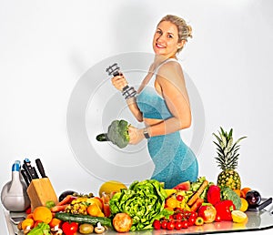 Happy gir lwith organic vegetables and fruits. Balanced diet.- Image