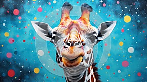 Happy Giraffe in Pop Art Style with Winter Snowflakes on Light Blue Background AI Generated