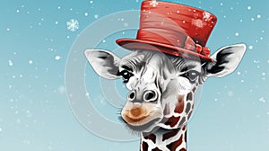 Happy Giraffe in Pop Art Style with Winter Snowflakes on Light Blue Background and Red Santa Hat AI Generated