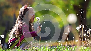 Happy girl blowing dandelions in autumn park. Wishes, dreams, playtime