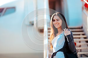 Happy Girl Boarding Airplane and Waving Goodbye