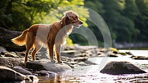 Happy Girl And Boxer: A Minimalist Journey Across Rocks And Streams photo