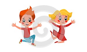 Happy girl and boy happily jumping. Funny kids having fun cartoon vector illustration