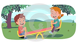 Happy girl and boy kids swinging on seesaw