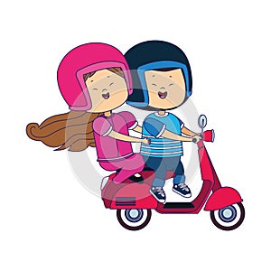 Happy girl and boy riding a classic motorcycle