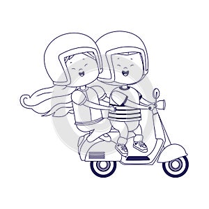 Happy girl and boy riding a classic motorcycle, flat design