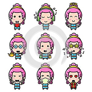 The happy girl with the bright hair in the daily routine of the mascot bundle set