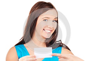 Happy girl with business card