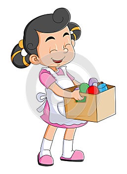 The happy girl is carrying a box of bottle and wearing an apron