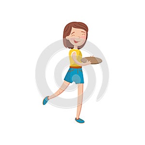 Happy girl carrying empty plate cartoon vector Illustration