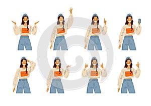 Happy girl in casual clothes shows different hand gestures. Ok, thumbs up, hello, phone in hand. Female character, student or