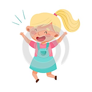 Happy Girl Character with Blonde Hair Jumping High with Joy and Excitement Vector Illustration