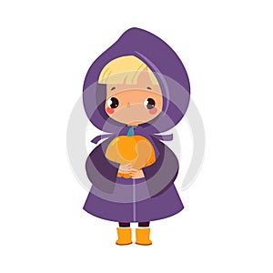 Happy Girl Character at Halloween Party Celebration Costume with Pumpkin Vector Illustration
