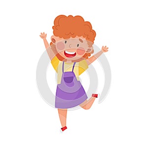 Happy Girl Character with Red Hair Jumping High with Joy and Excitement Vector Illustration
