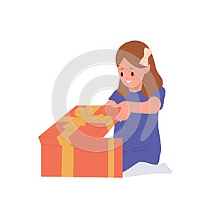 Happy girl child cartoon character opening gift box feeling surprised and amazed isolated on white