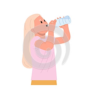 Happy girl child cartoon character quenching thirst drinking water from bottle isolated on white