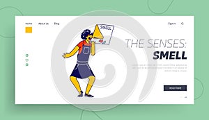 Happy Girl Child Character Holding Card with Smelling Nose Landing Page Template. Smell One of Five Human Perceptions