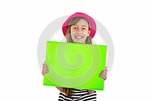 Happy girl child holding empty blank paper isolated on white background. copy space