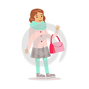 Happy Girl In Classic Girly Color Clothes With Purse And Scarf Smiling Cartoon Character