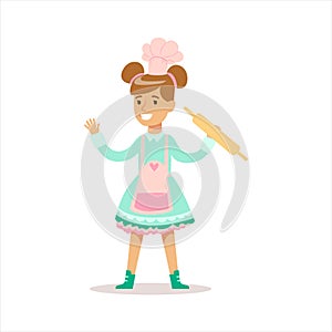 Happy Girl In Classic Girly Color Clothes Smiling Cartoon Character Cooking In Apron With Rolling Pin