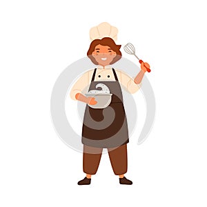 Happy girl confectioner holding bowl with whipped cream and corolla vector flat illustration. Smiling little chef in