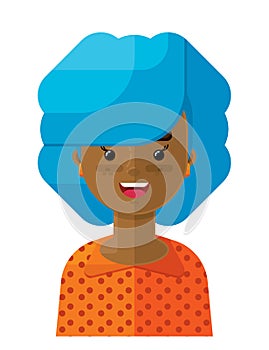 Happy Girl with Curly Blue Hair Flat Vector Illustration Icon Avatar Bust