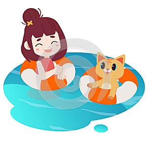 A Happy girl and cute cat . They are swimming in the water. they use life ring to swimming. Swimming in the pool. character
