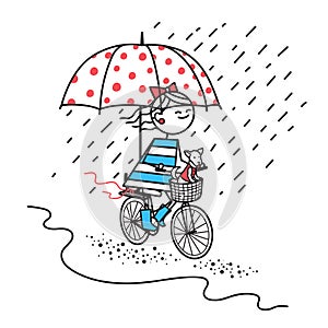 Happy girl with dog rides bicycle under umbrella.