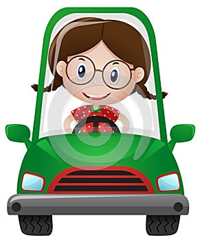 Happy girl driving green car