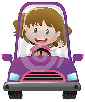 Happy girl driving in purple car