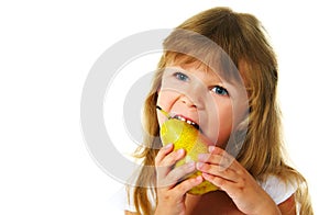 Happy girl eating green apple