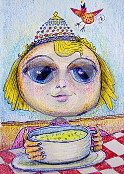 Happy girl eating soup cartoon drawing