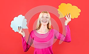 Happy girl with empty speech bubble banner. Woman with two dialog sign. Advertising card. Yes or No.