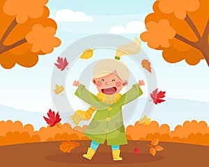 Happy Girl Enjoy Fall Season Bright Vector Illustration