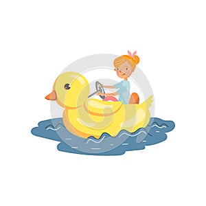 Happy girl enjoying water rides on a floating giant yellow duck in amusement park cartoon vector Illustration