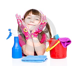tired girl with equipment for cleaning the house. isolated on white background