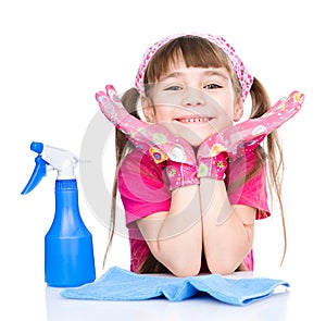 Happy girl with equipment for cleaning the house. isolated on white